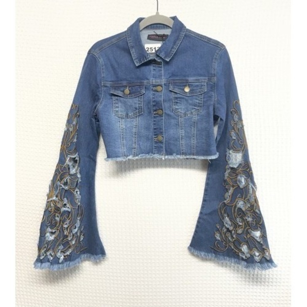 NWT Purple Candy‎ Embroidered Denim Bell Sleeve Hippie Crop Jacket Women M China